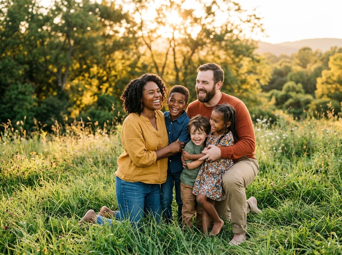 Joyful family in golden sunlight representing hope and healing