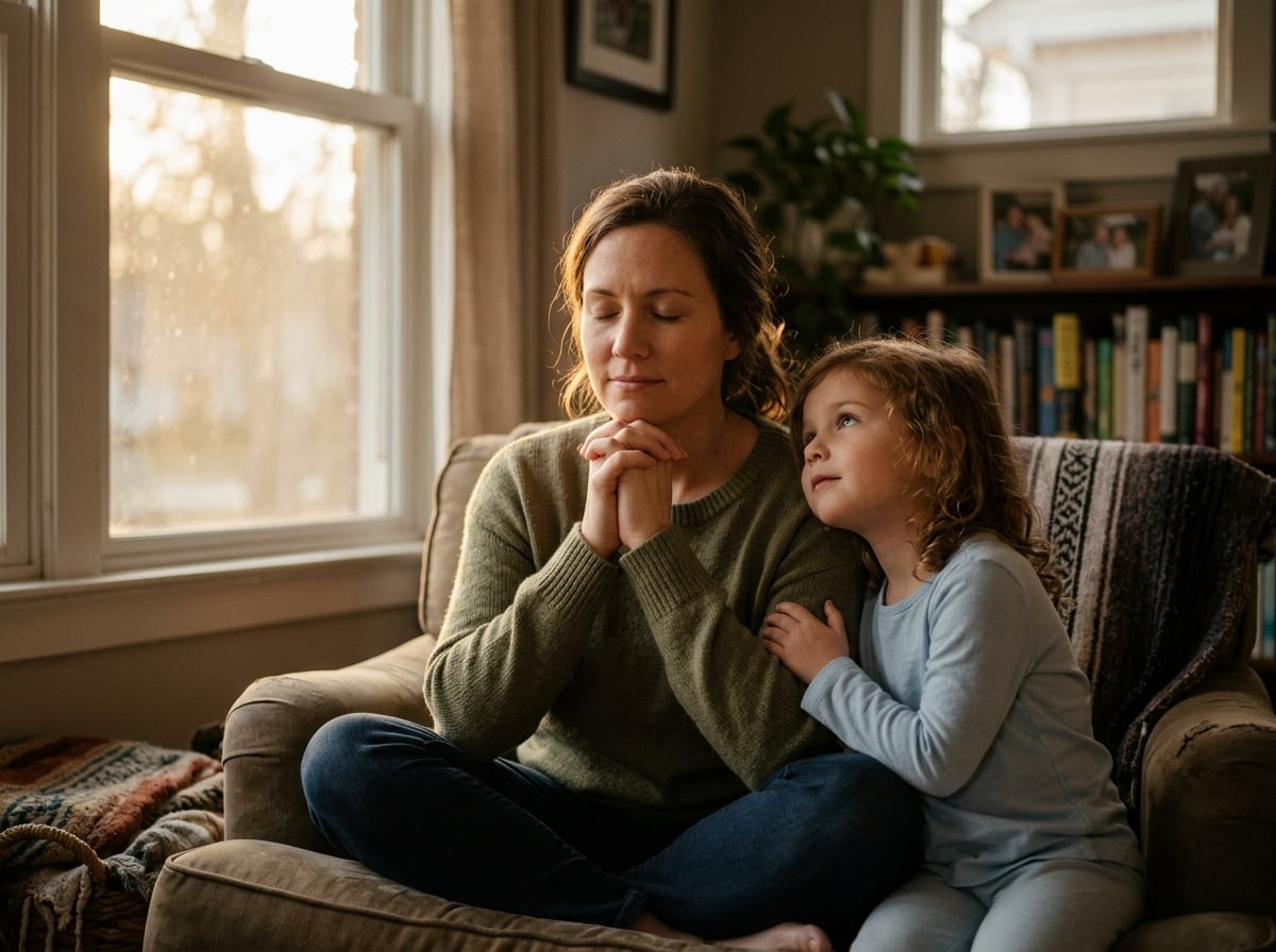 Mother in peaceful prayer, tender and hopeful moment