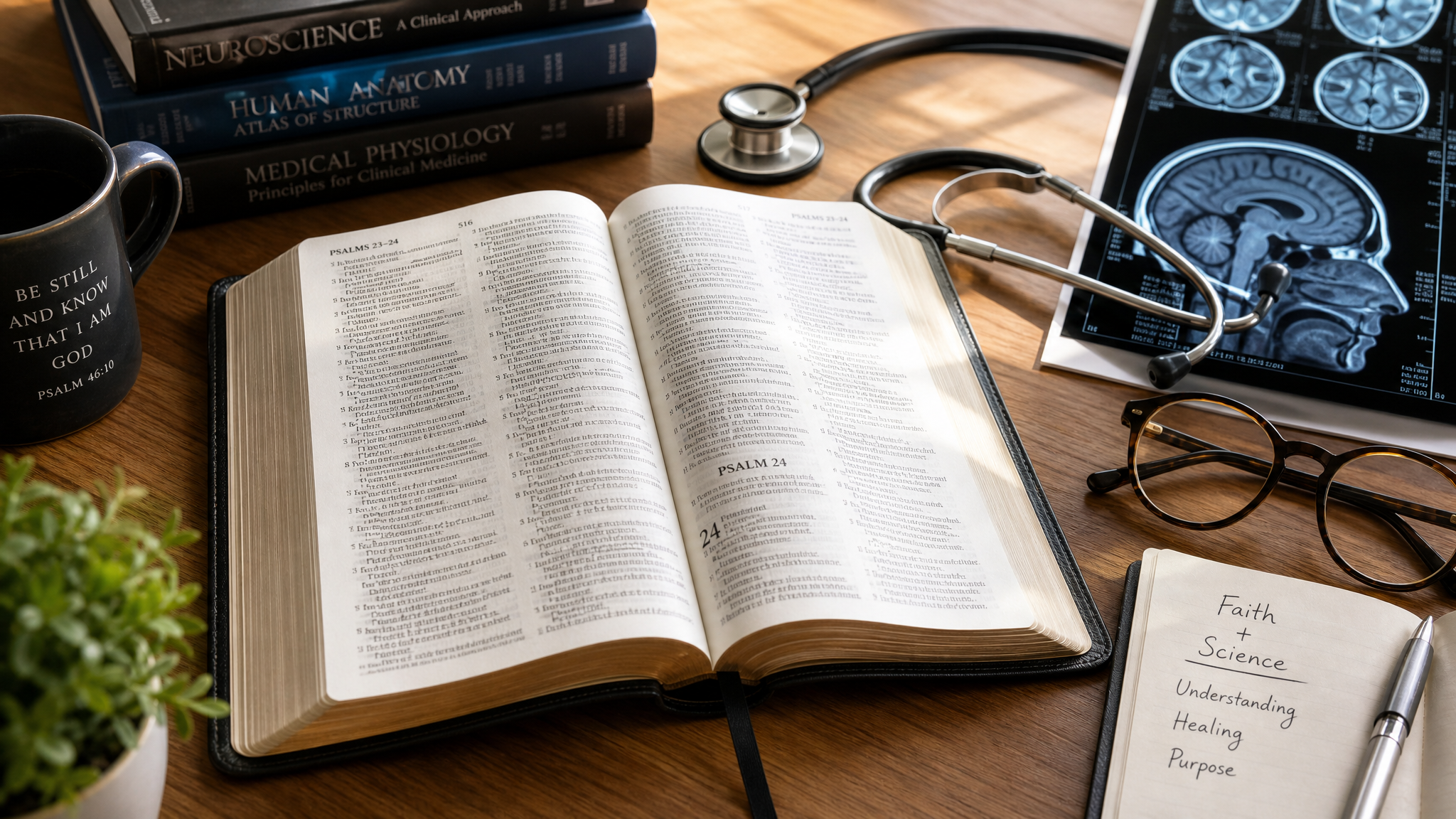 Open Bible with medical and scientific elements nearby