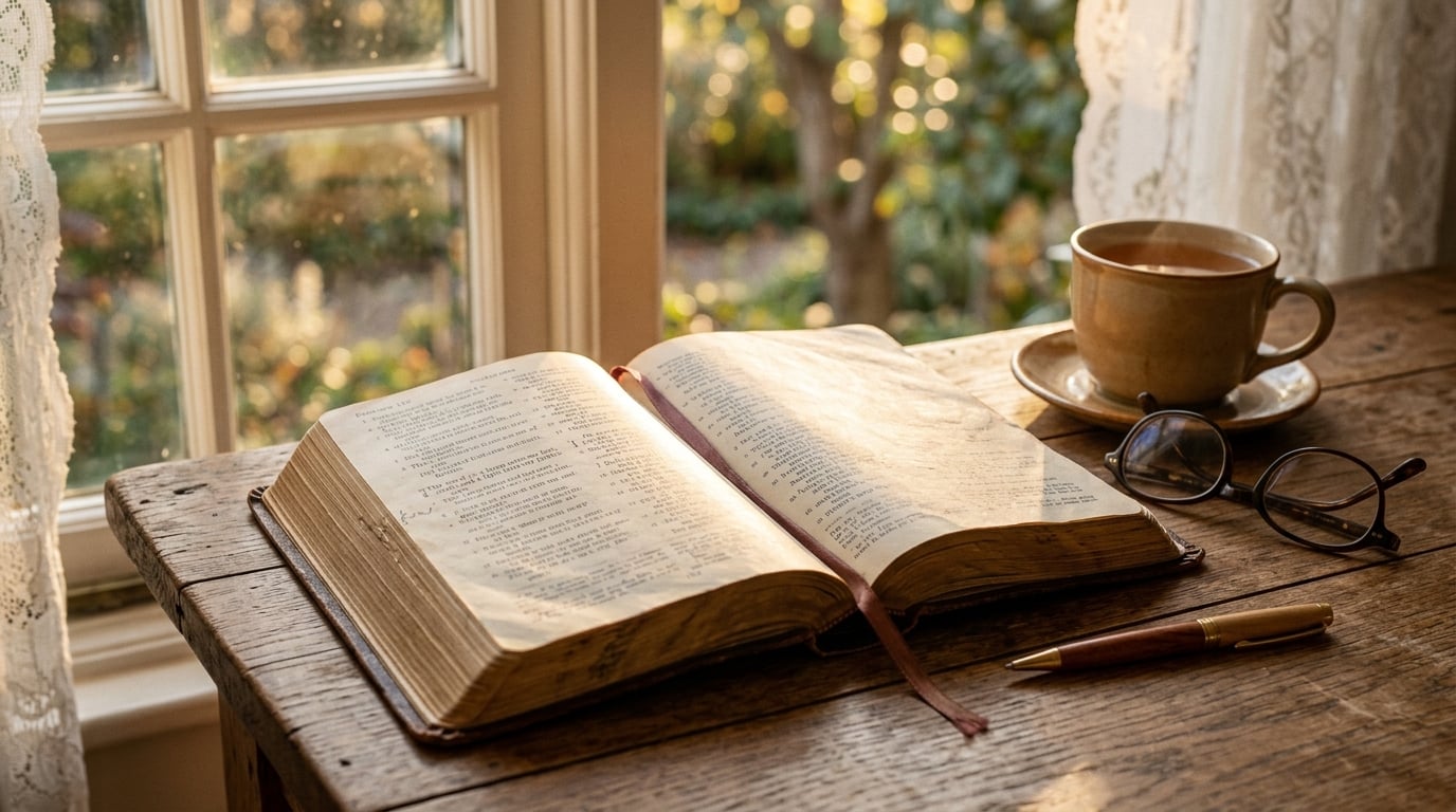 Open Bible with warm golden light streaming through a window